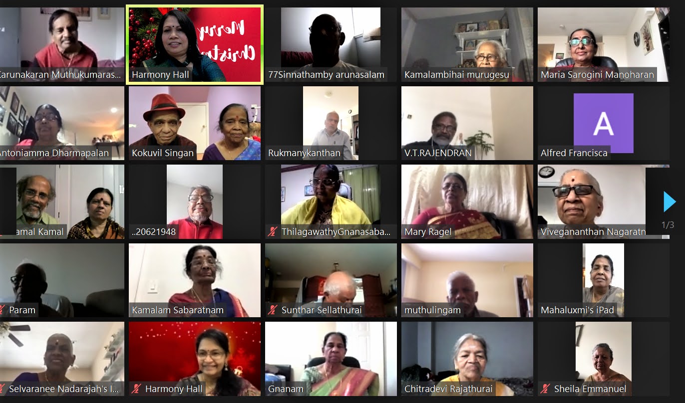 A zoom screen, showing a collage of screen captions of people attending a virtual event