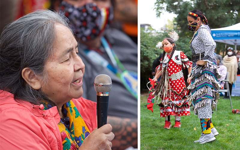 A collage consisting of an indigenous elder speaking and members of the indigenous community dancing.